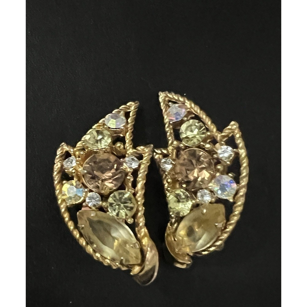VTG Emmons earrings MULTICOLOR RHINESTONE AMBER GLOW  openwork Climber - Picture 15 of 15